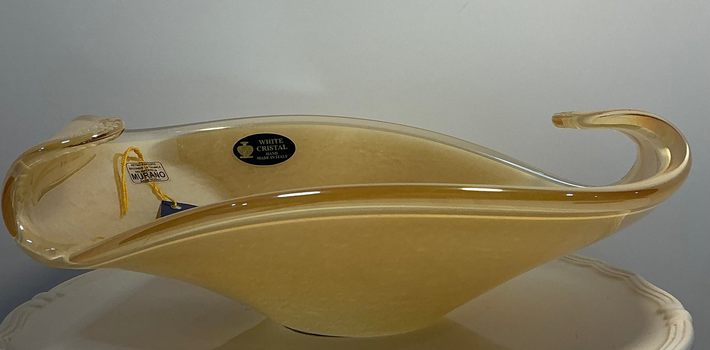 Vintage Murano "White Crystal " centerpiece bowl made in Italy, handcrafted design and signature labels, 11”x3.5”