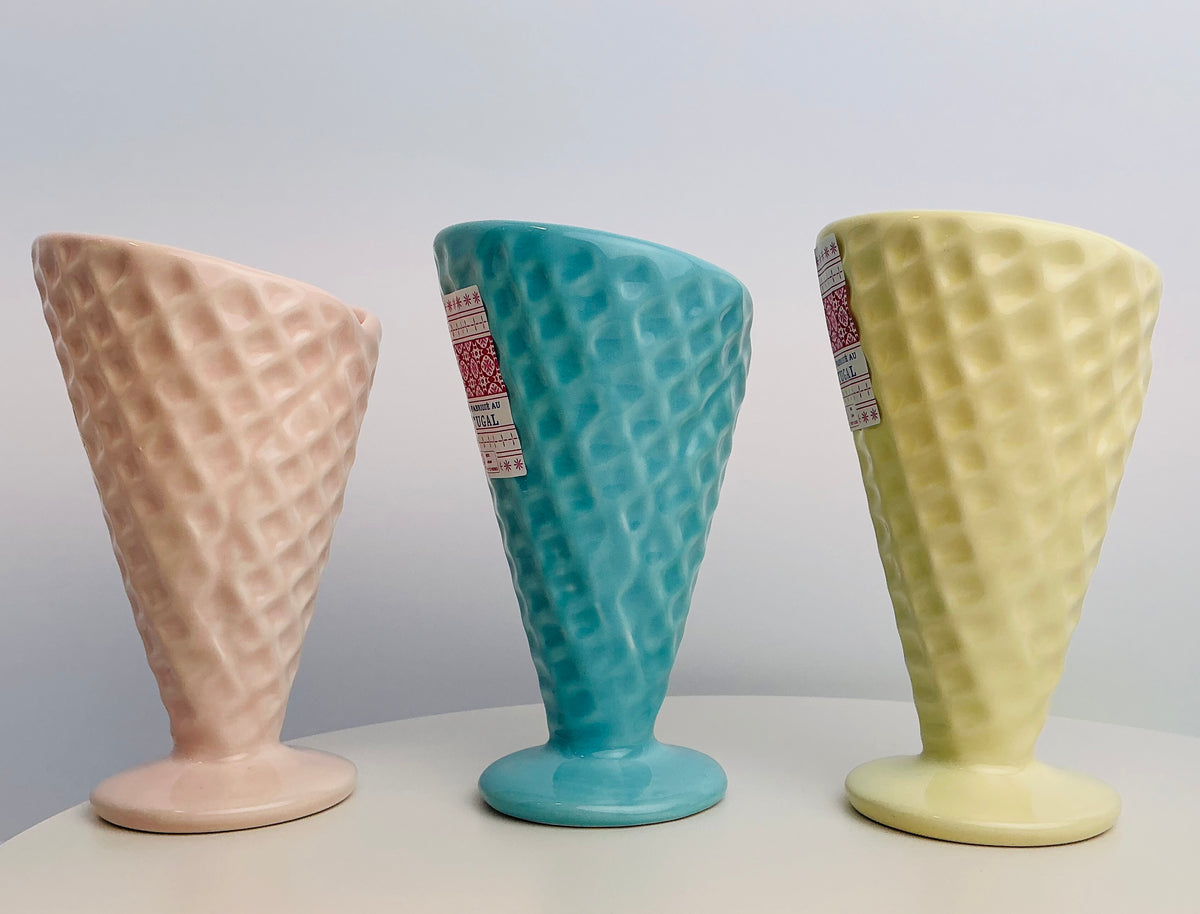 Pastel Ice Cream Sundae Cup OR Waffle Texture Glass Made in Portugal Pink Blue Yellow 4.75”