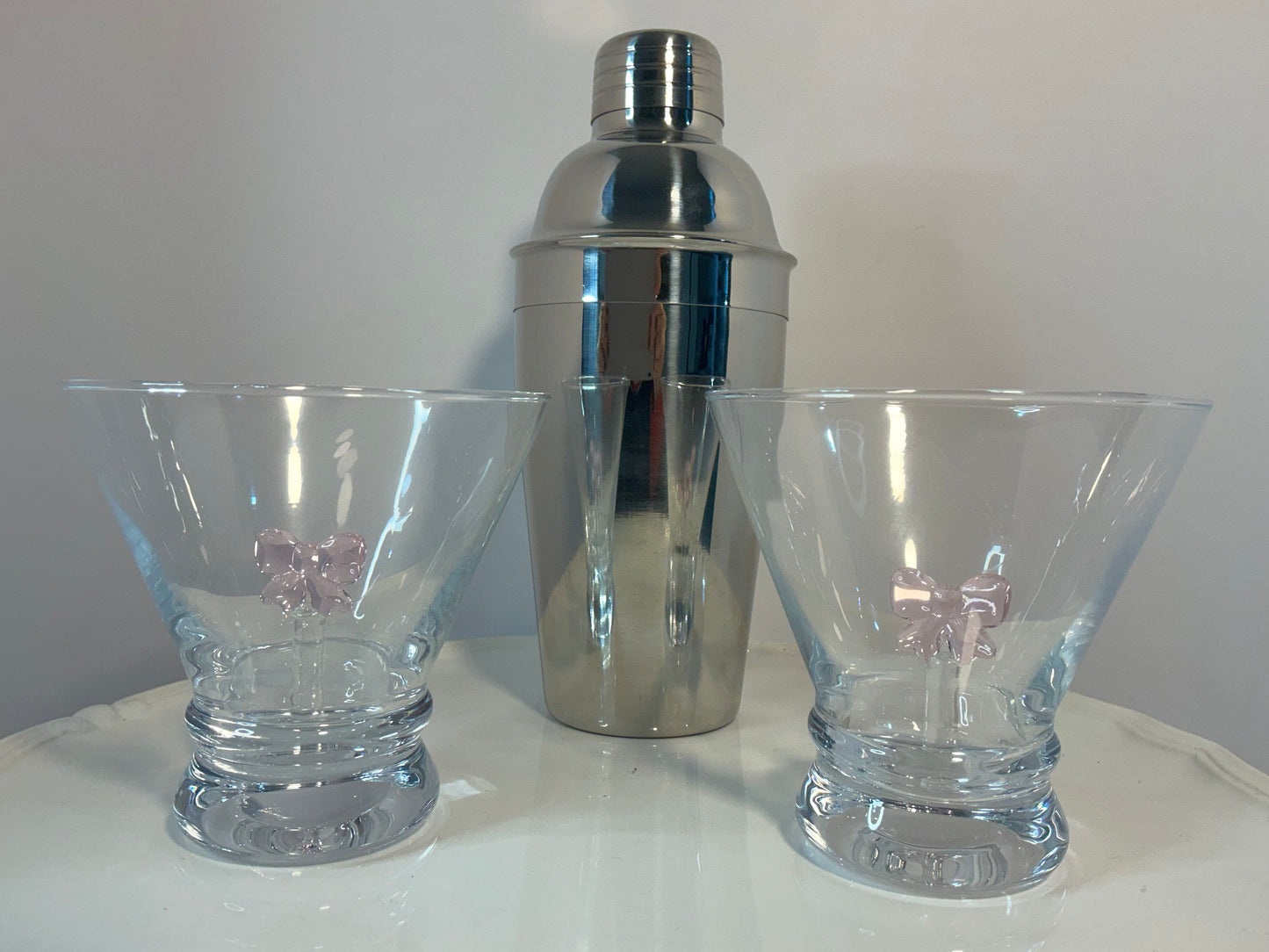 Dress your Drink, Set of 2 Stemless Martini Glasses and a Cocktail Shaker- Coquette Aesthetic Pink
