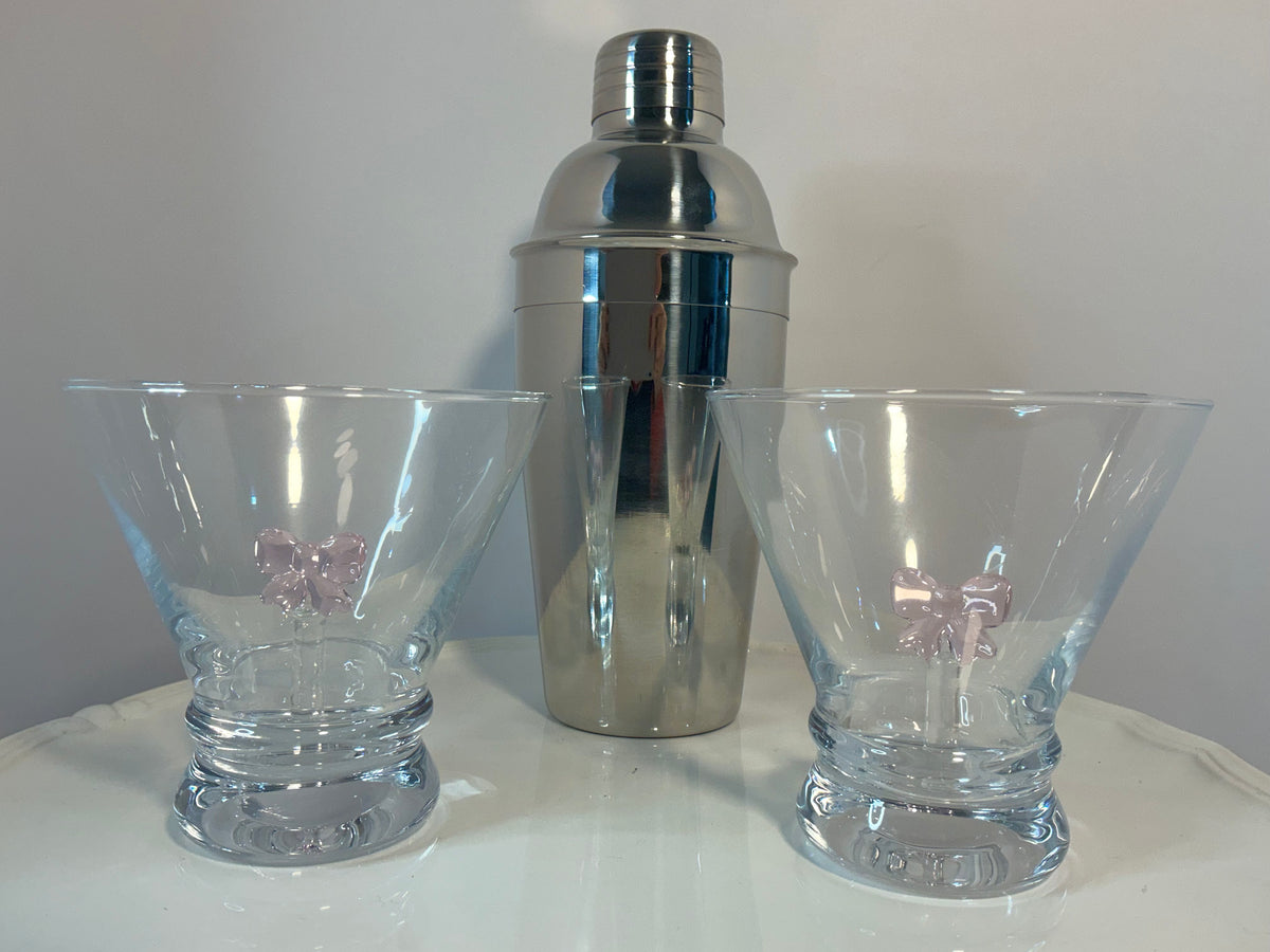 Dress your Drink, Set of 2 Stemless Martini Glasses and a Cocktail Shaker- Coquette Aesthetic Pink