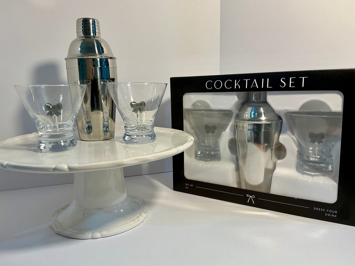 Dress your Drink, Set of 2 Stemless Martini Glasses and a Cocktail Shaker- Coquette Aesthetic Black