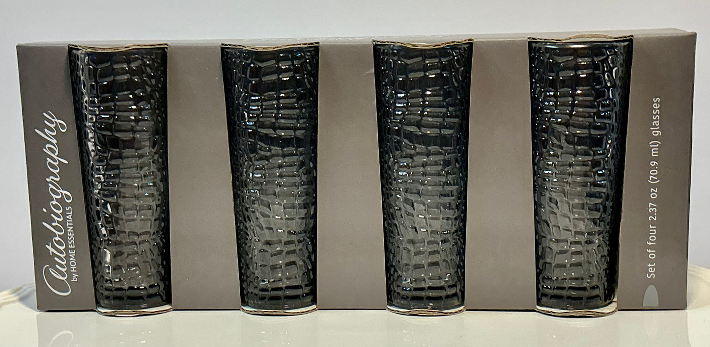 Autobiography Embossed 4 Shot Glasses 2.37oz/glass by Home Essentials - Black/dark grey, Clear, Orange & Green