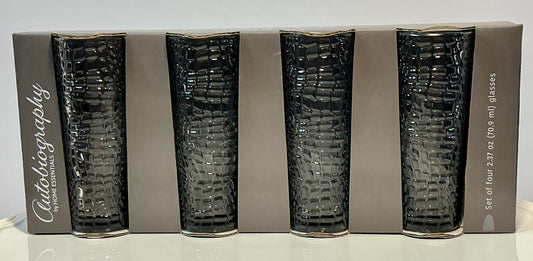 Autobiography Embossed 4 Shot Glasses 2.37oz/glass by Home Essentials - Black/dark grey, Clear, Orange & Green
