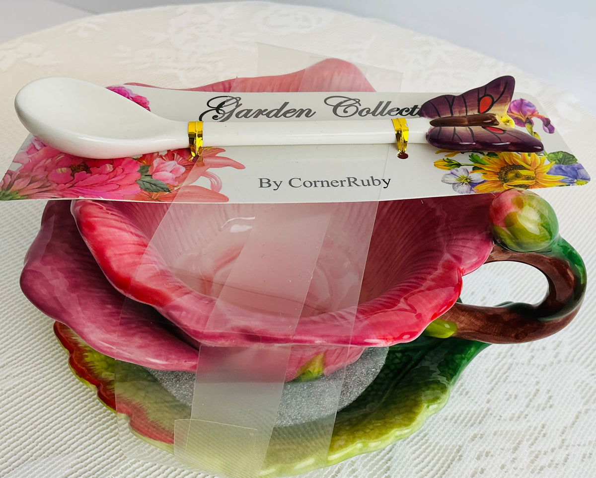 CornerRuby Garden Collection Handcrafted Flower Mug & Teacup Set