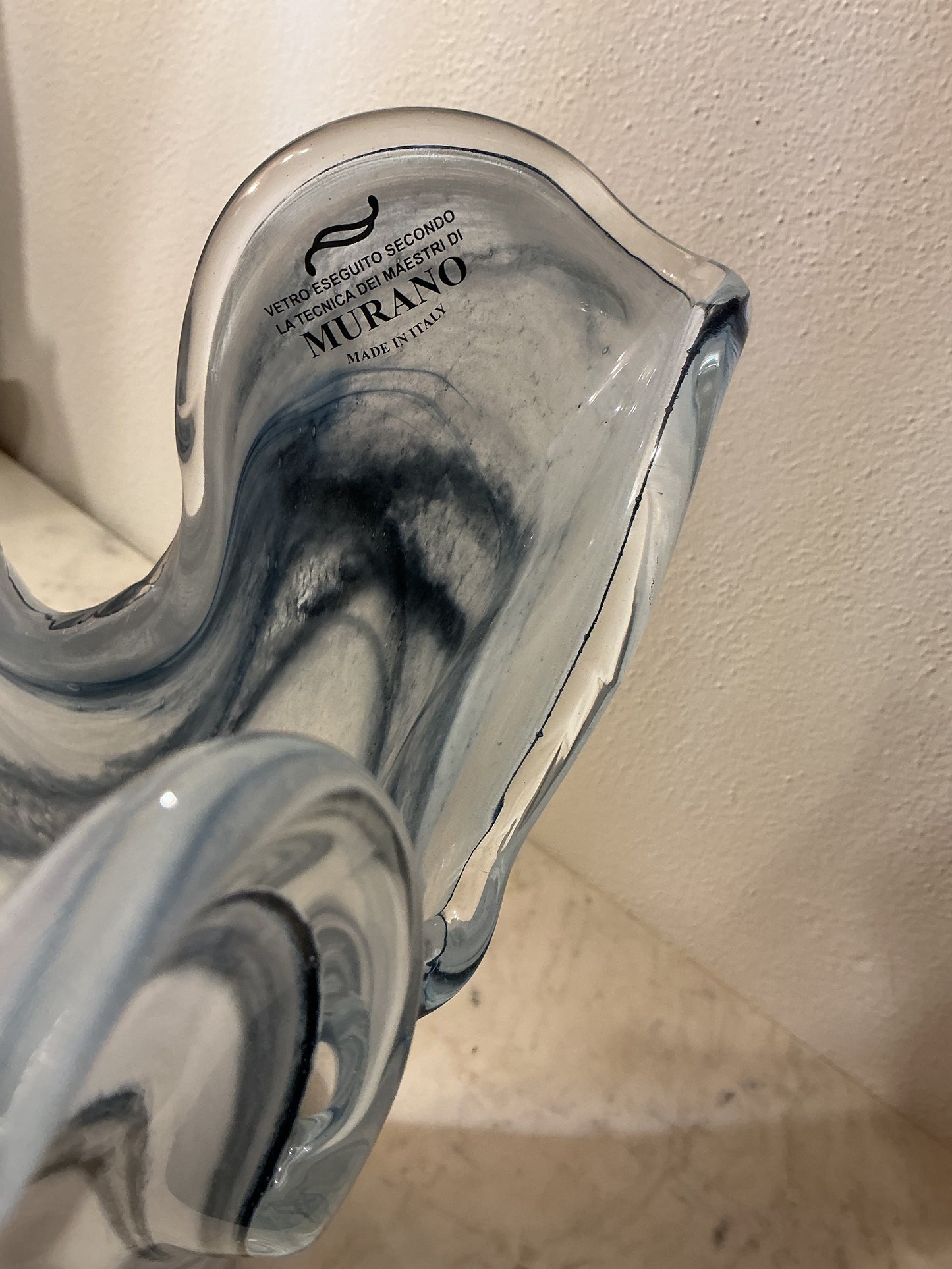 Murano Art Glass Vase Ruffled Blue 10.5”Tall Italy. Hand Blown