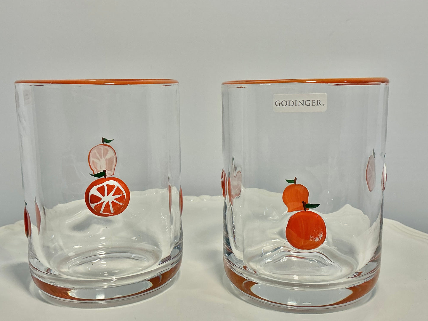 Godinger Icon Set of 2 Oranges themed designs Juice Glasses,hand blown