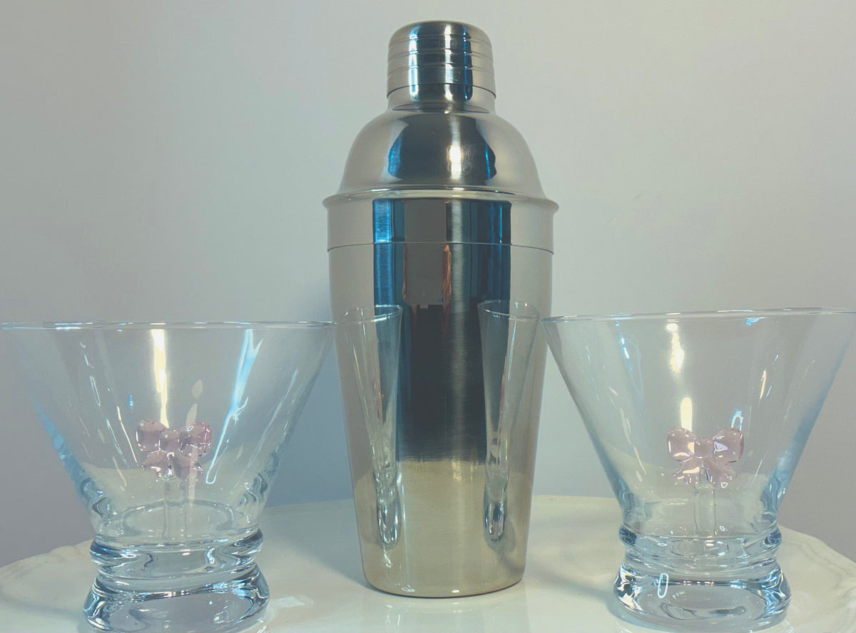 Dress your Drink, Set of 2 Stemless Martini Glasses and a Cocktail Shaker- Coquette Aesthetic Pink