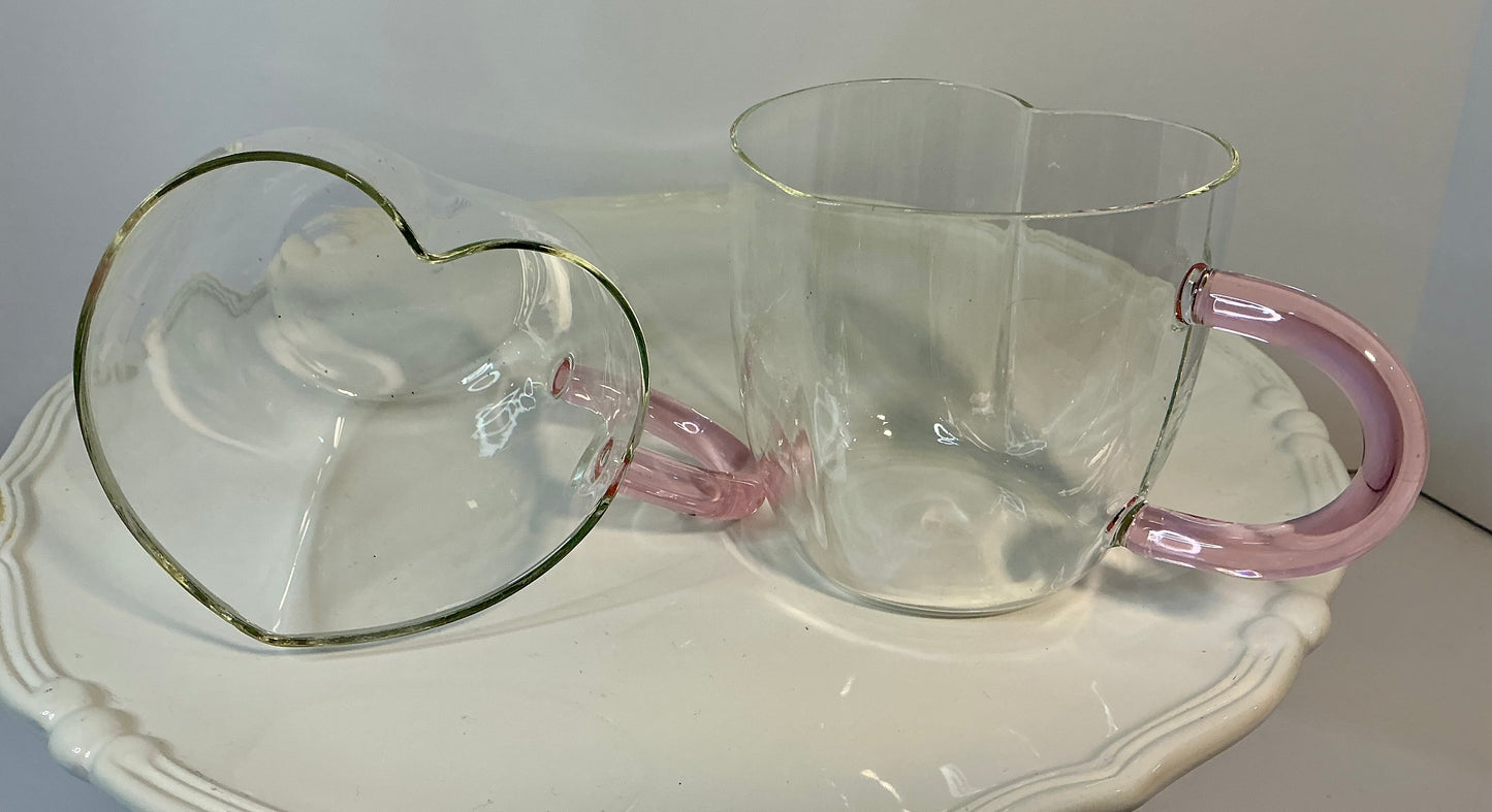 BKLYN Steel Novelty Collection set of 2 glass heart mugs w/ pink handles-14oz-