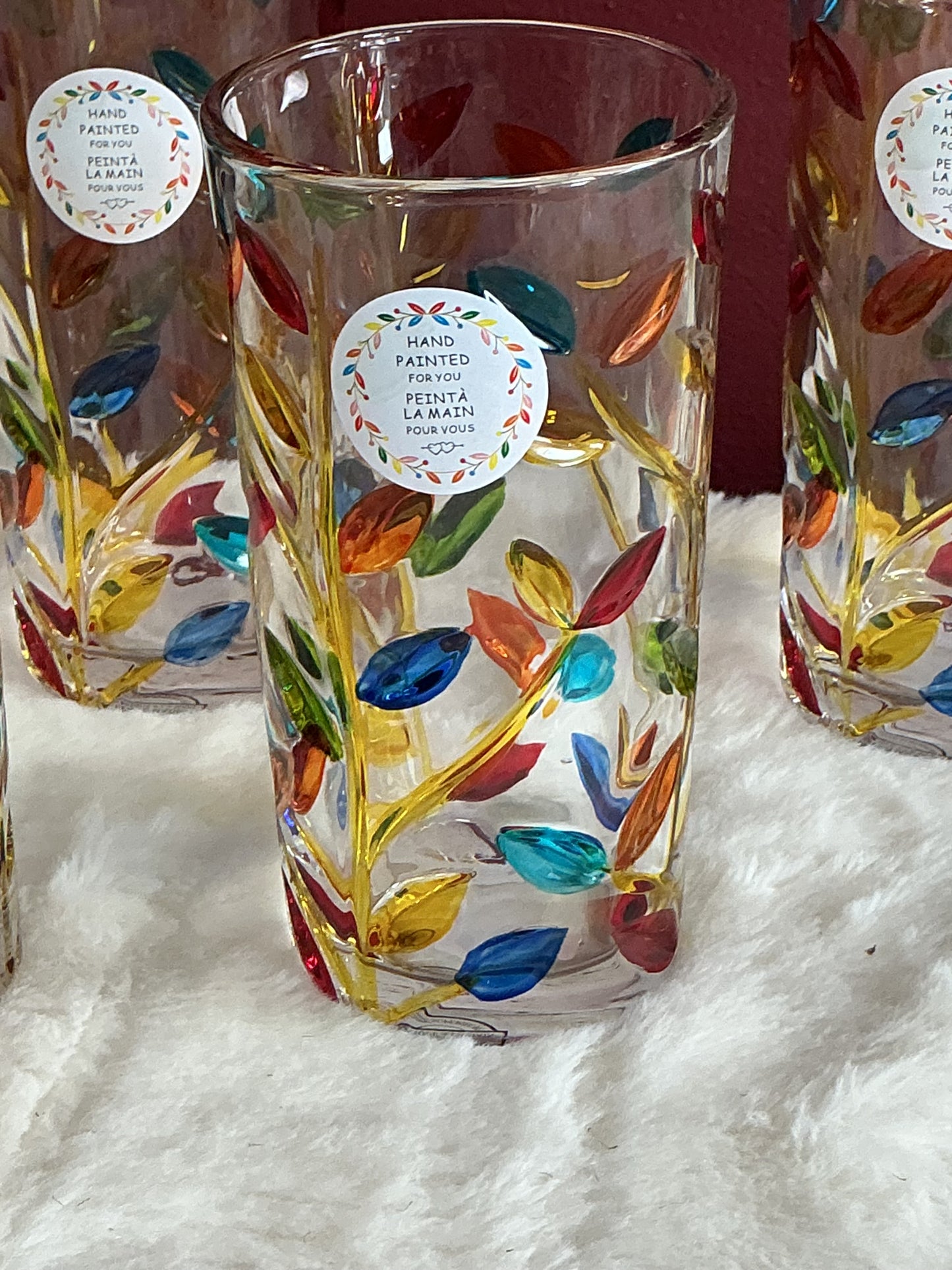 Milano Highball Glasses Set of 2 – Hand Painted Colorful Leaf Vine Design, New