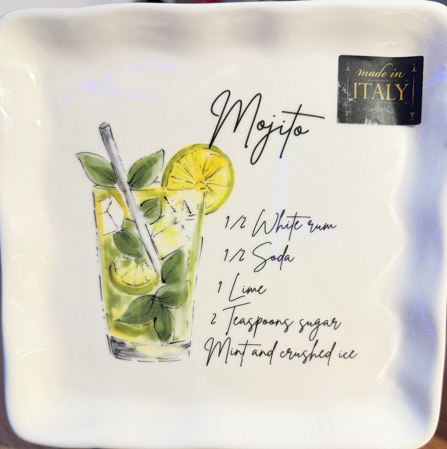 Ceramica Cuore Cocktail Appetizer Plate with Recipe Of Mojito. Made in Italy