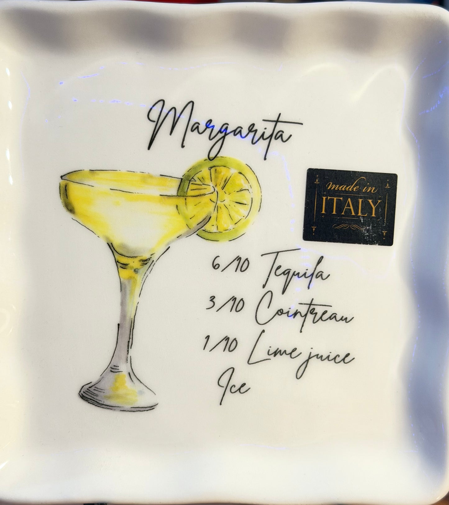 Ceramica Cuore Cocktail Appetizer Plate with Recipe Of Margarita. Made in Italy