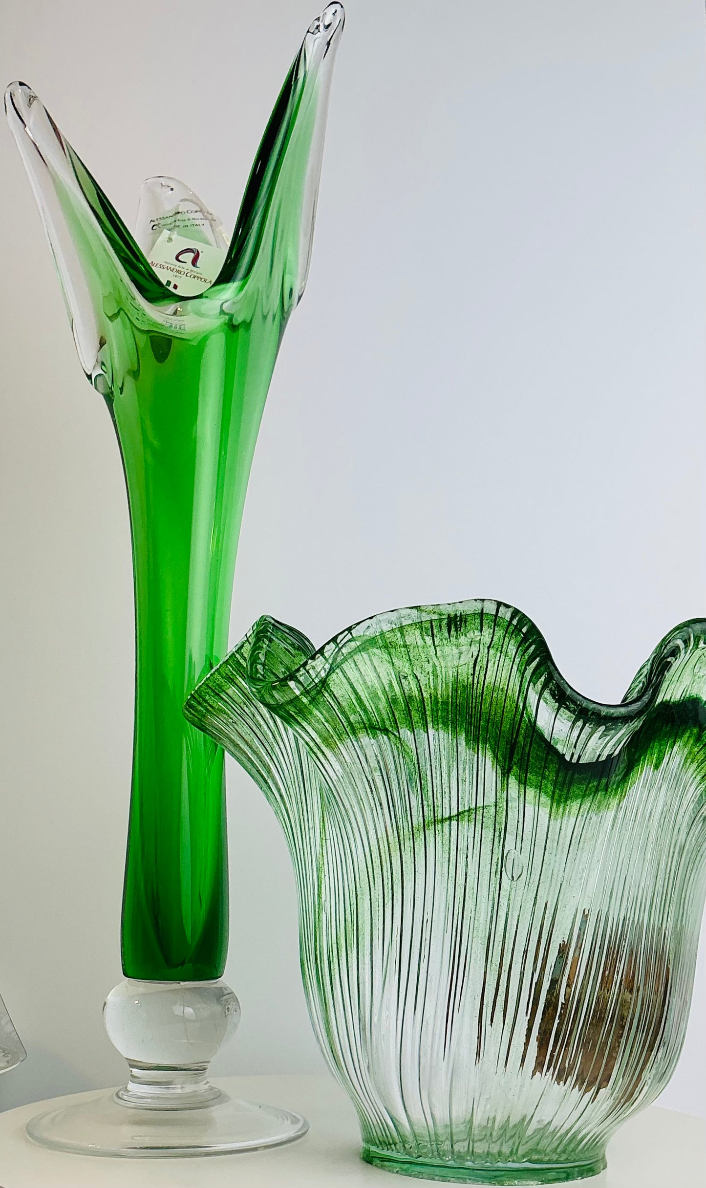 Murano Style Art Glass Green Ruffled Bowl or Tall Vase | World Traveler Collection | Made in Italy