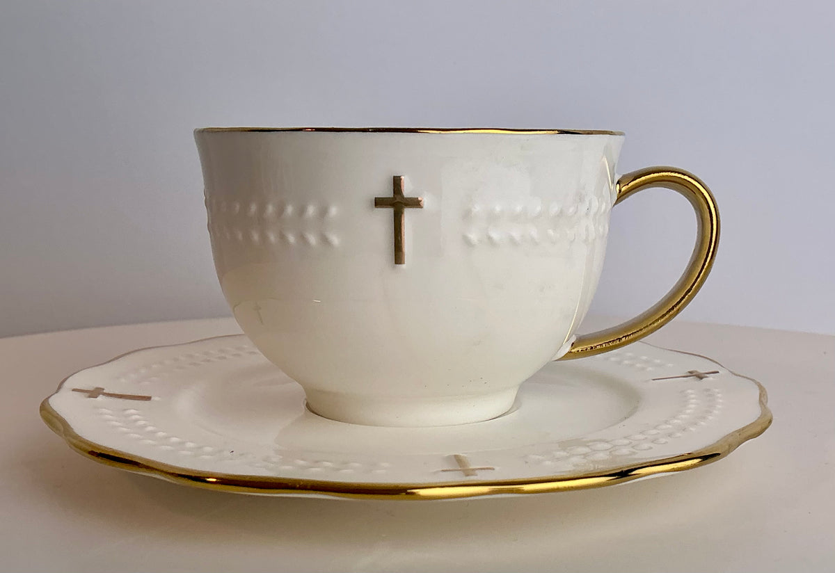 YH Houseware Cross & Gold Tea Cup & Saucer Set for 2 – Designed for Elegance