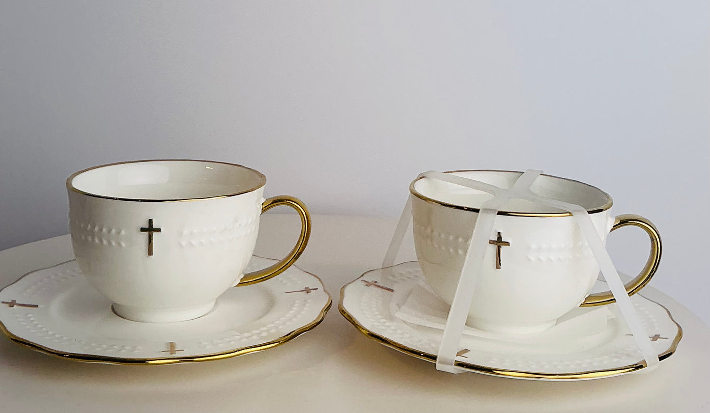 YH Houseware Cross & Gold Tea Cup & Saucer Set for 2 – Designed for Elegance