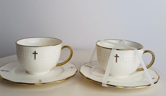 YH Houseware Cross & Gold Tea Cup & Saucer Set for 2 – Designed for Elegance