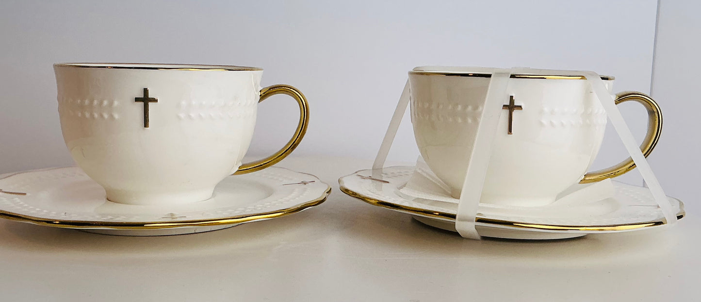 YH Houseware Cross & Gold Tea Cup & Saucer Set for 2 – Designed for Elegance