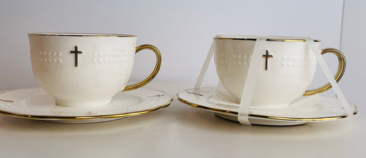 YH Houseware Cross & Gold Tea Cup & Saucer Set for 2 – Designed for Elegance