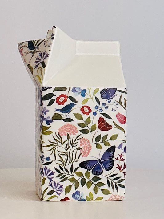Shannonbridge Ireland World Traveler Botanical Butterfly Ceramic Milk Carton Vase