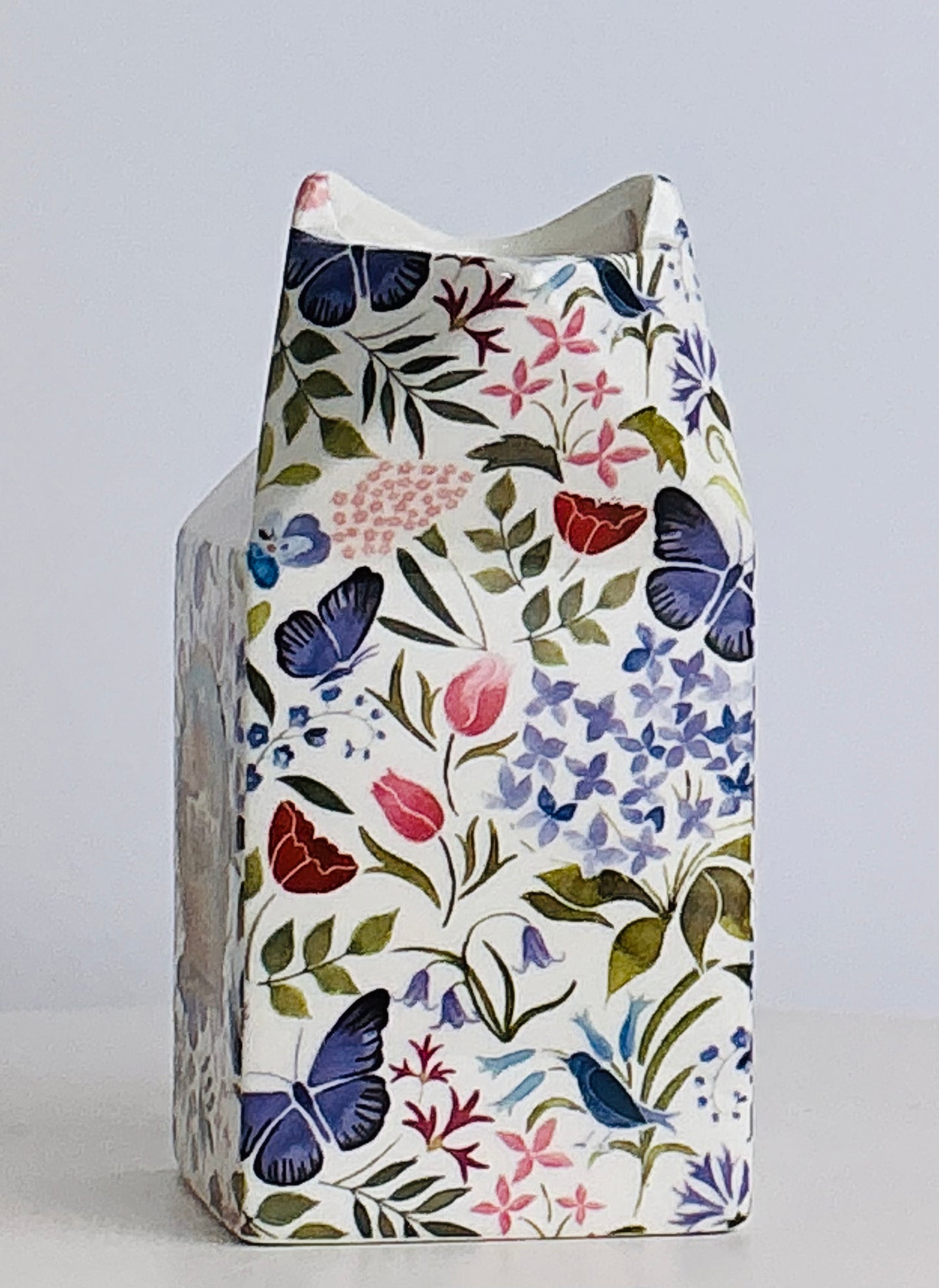 Shannonbridge Ireland World Traveler Botanical Butterfly Ceramic Milk Carton Vase