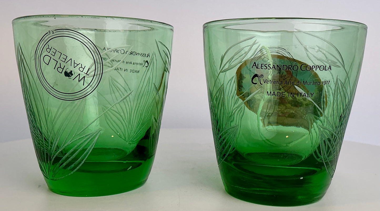 Alessandro Coppola Murano Art Glass Emerald Green Leaf Etched Tumblers – Set of 2