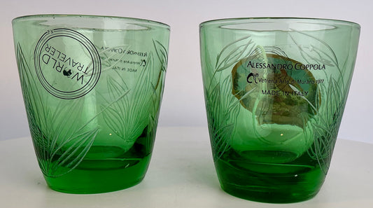 Alessandro Coppola Murano Art Glass Emerald Green Leaf Etched Tumblers – Set of 2