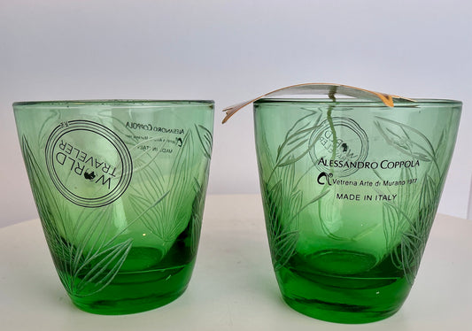 Alessandro Coppola Murano Art Glass Emerald Green Leaf Etched Tumblers – Set of 2