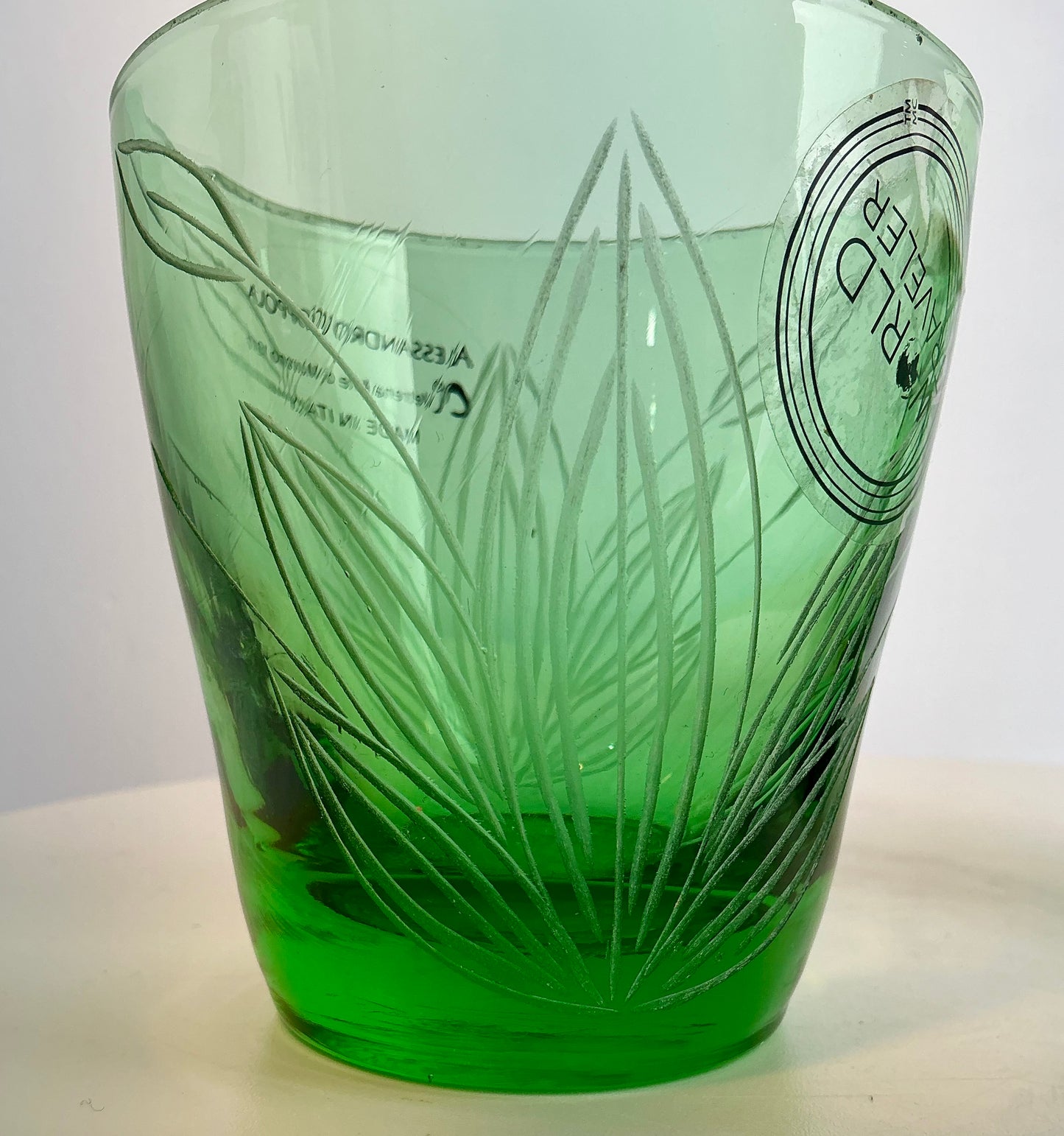 Alessandro Coppola Murano Art Glass Emerald Green Leaf Etched Tumblers – Set of 2