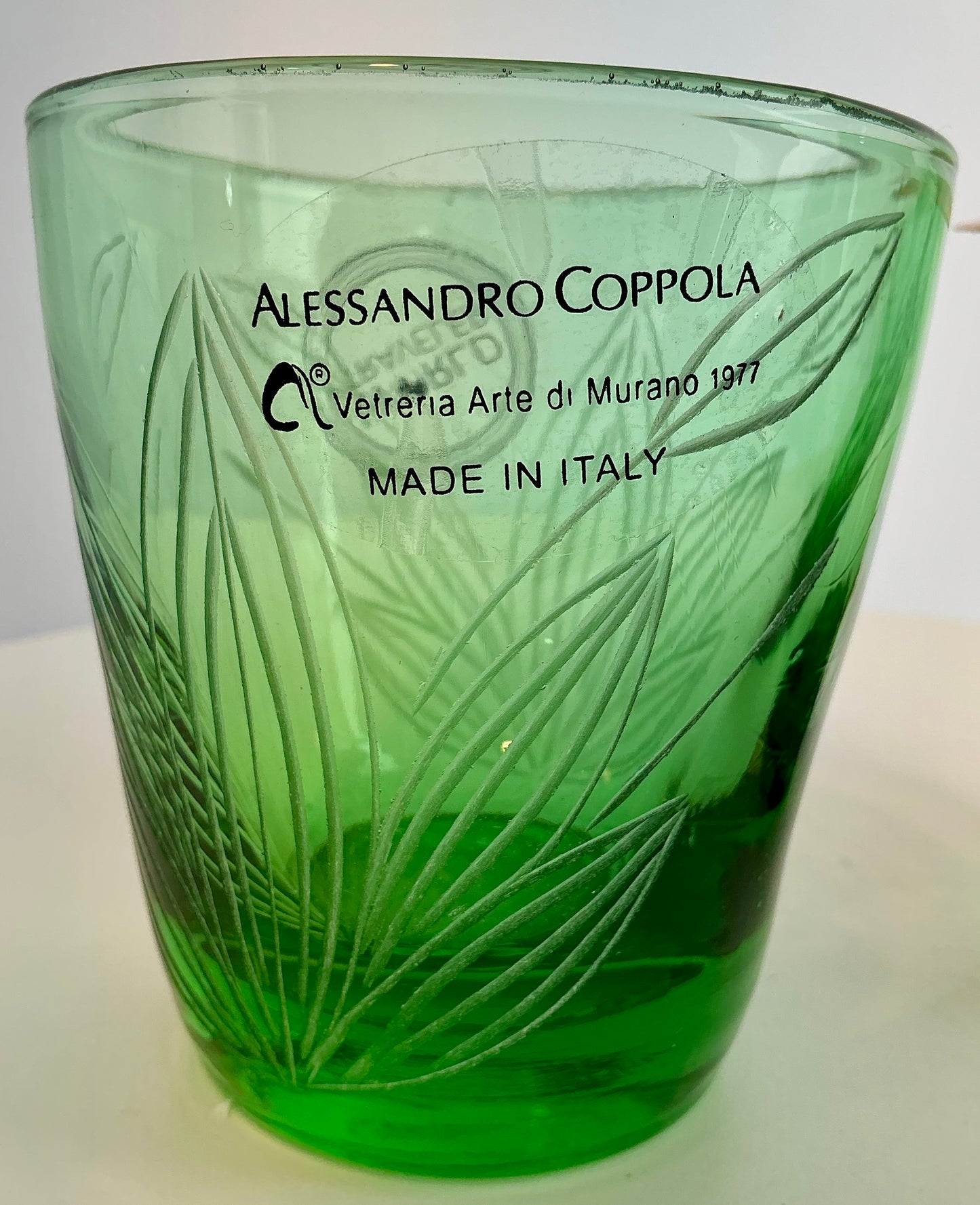 Alessandro Coppola Murano Art Glass Emerald Green Leaf Etched Tumblers – Set of 2
