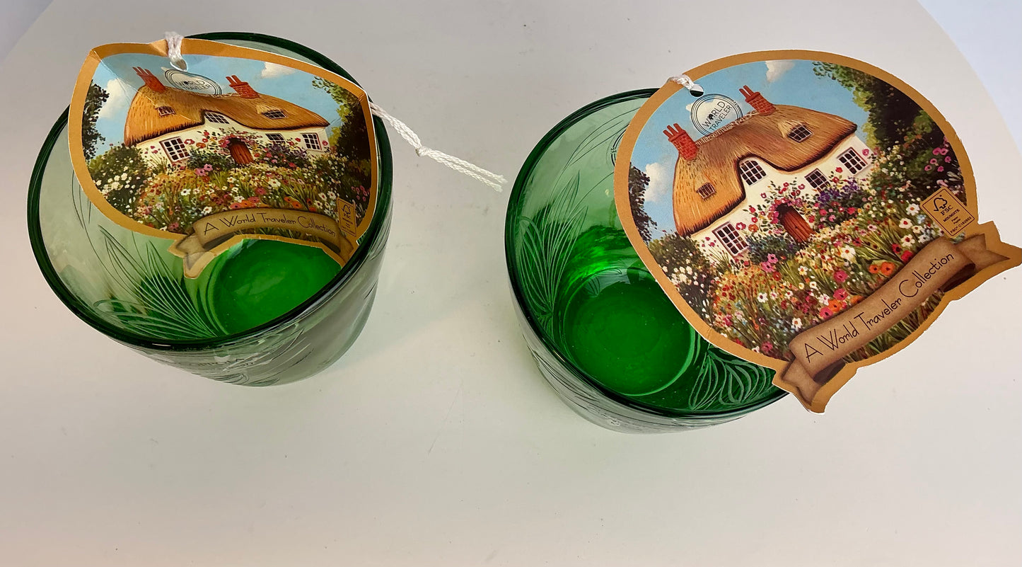 Alessandro Coppola Murano Art Glass Emerald Green Leaf Etched Tumblers – Set of 2