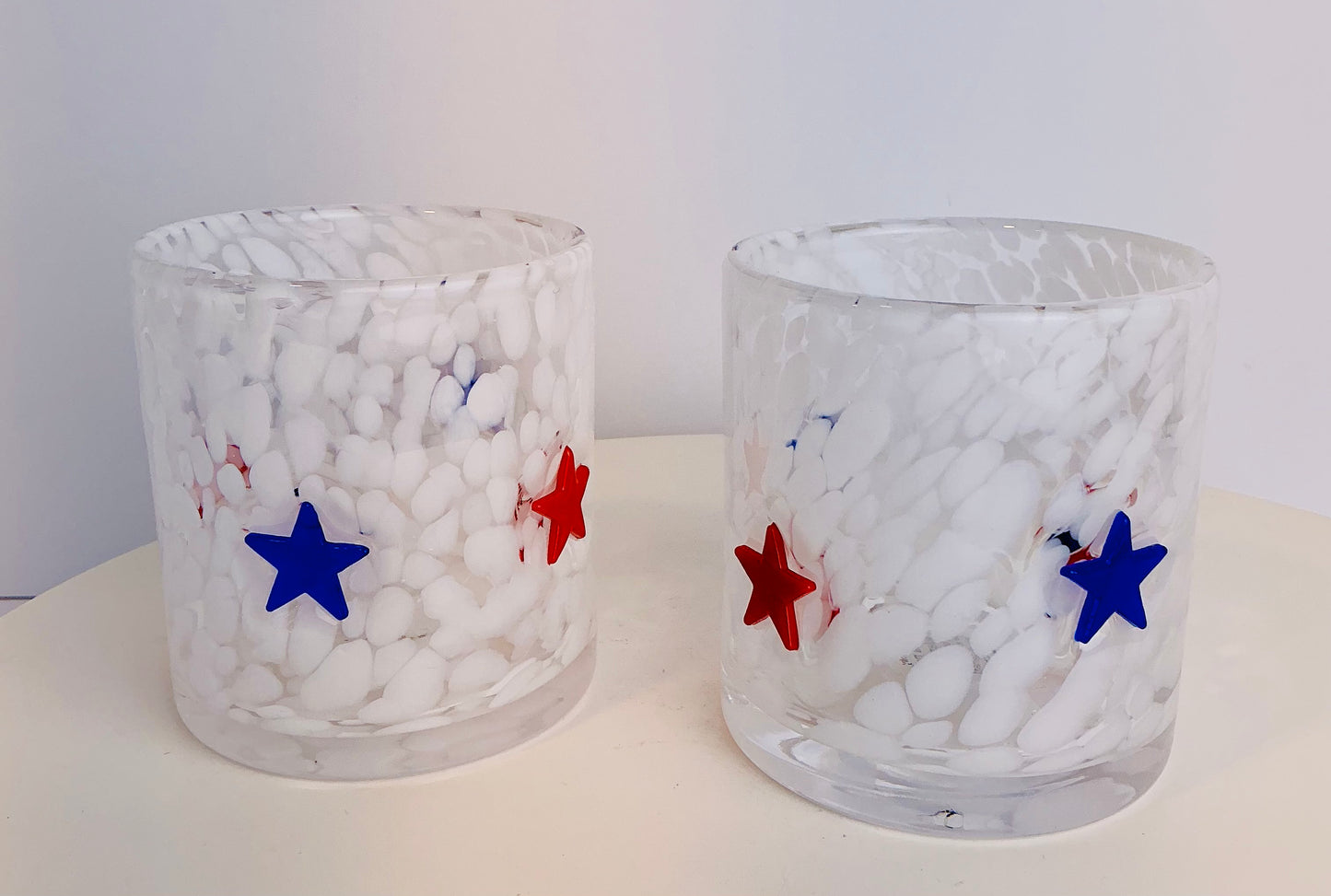 Americana Stars Art Glass Tumblers – Set of 2 | Red & Blue Stars Patriotic Glassware
