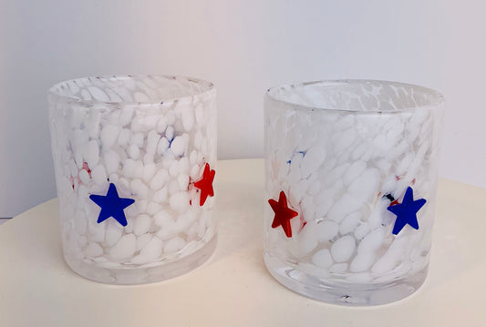 Americana Stars Art Glass Tumblers – Set of 2 | Red & Blue Stars Patriotic Glassware