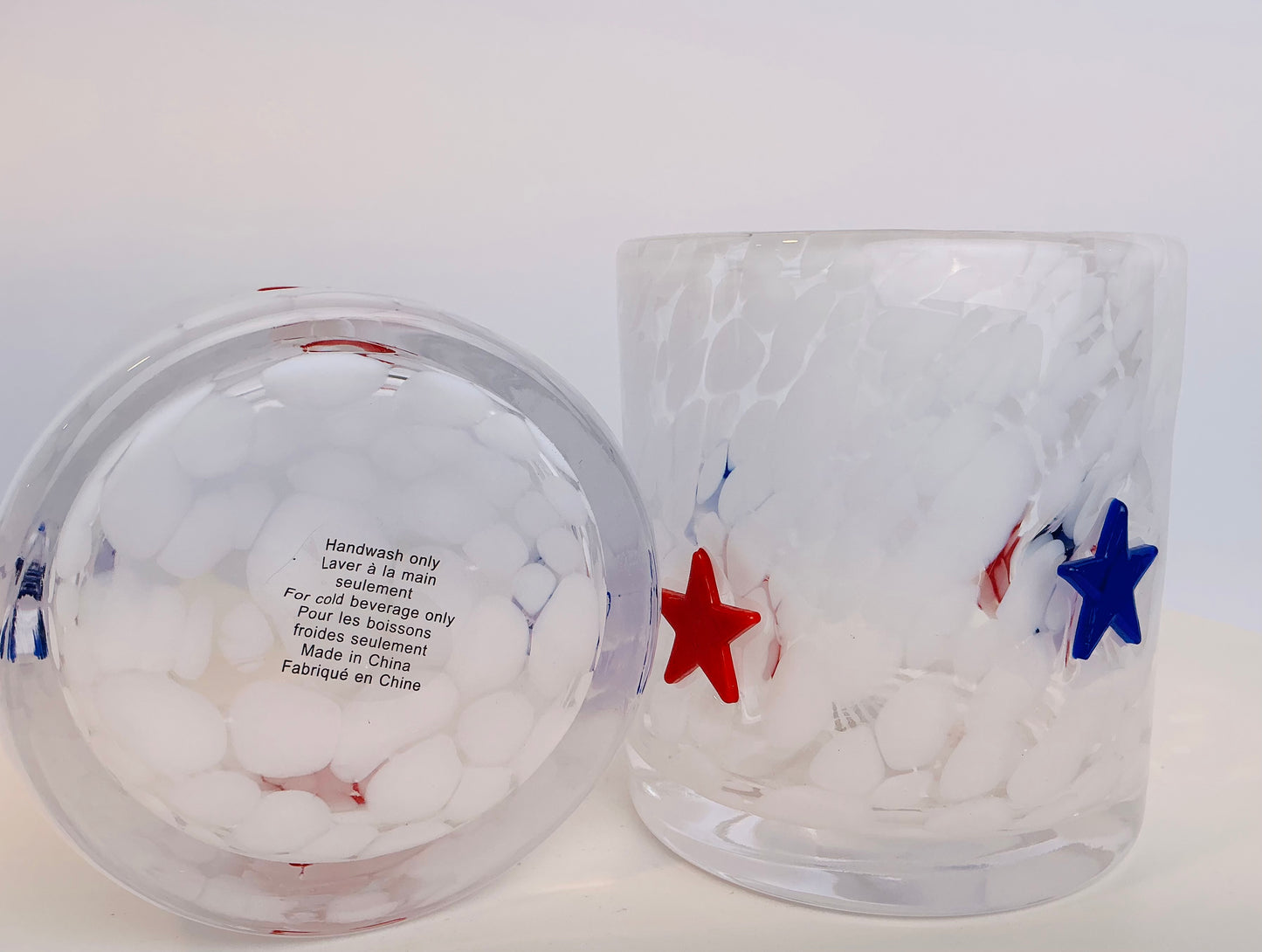 Americana Stars Art Glass Tumblers – Set of 2 | Red & Blue Stars Patriotic Glassware