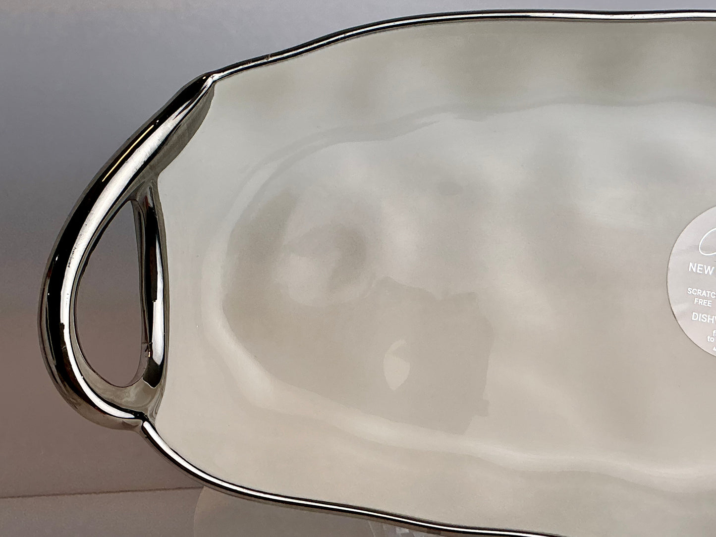Camila Oval Ceramic Serving Platter | Silver Rim, 19" – Dishwasher Safe
