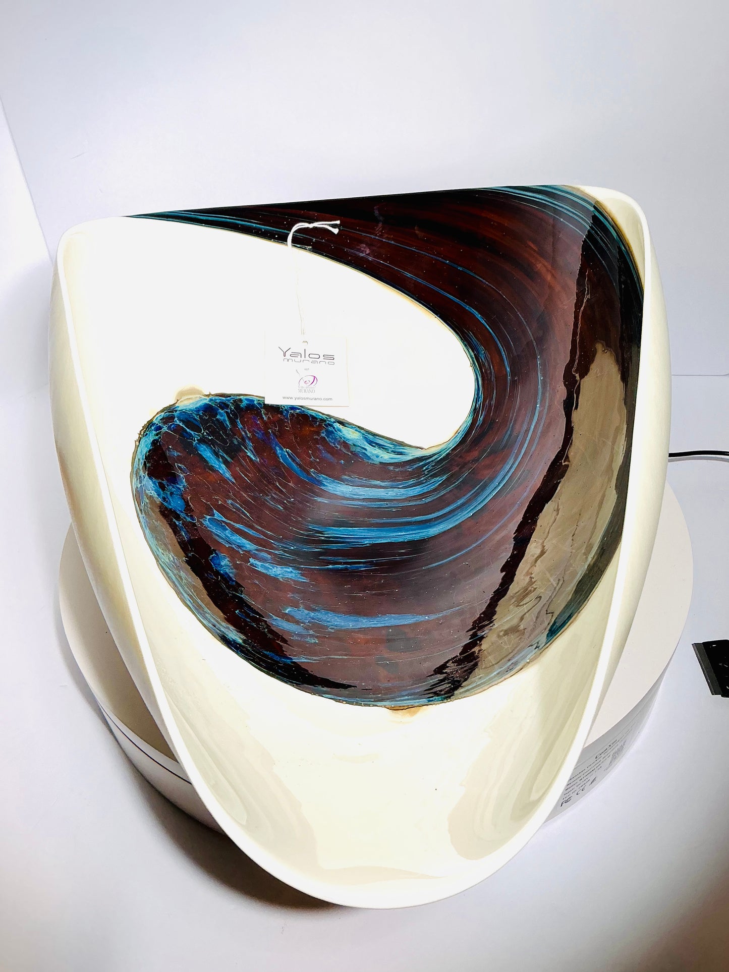 Yalos Murano Art Glass Bowl – 20" Ivory & Teal Sculptural Centerpiece