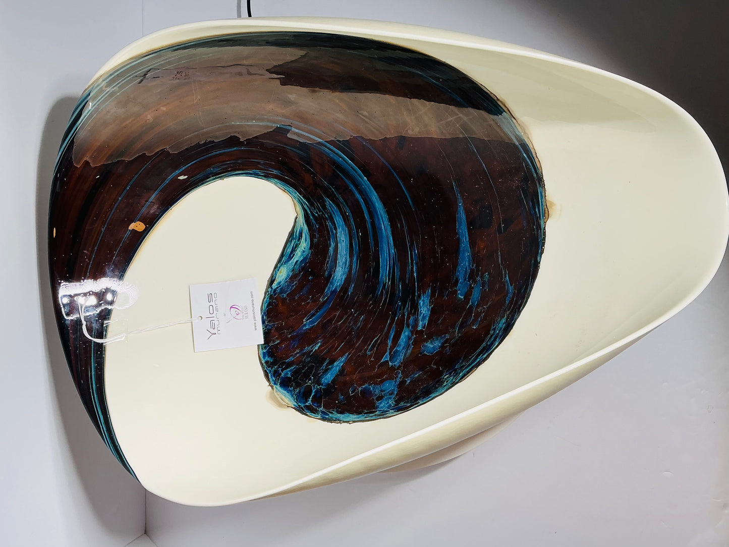 Yalos Murano Art Glass Bowl – 20" Ivory & Teal Sculptural Centerpiece