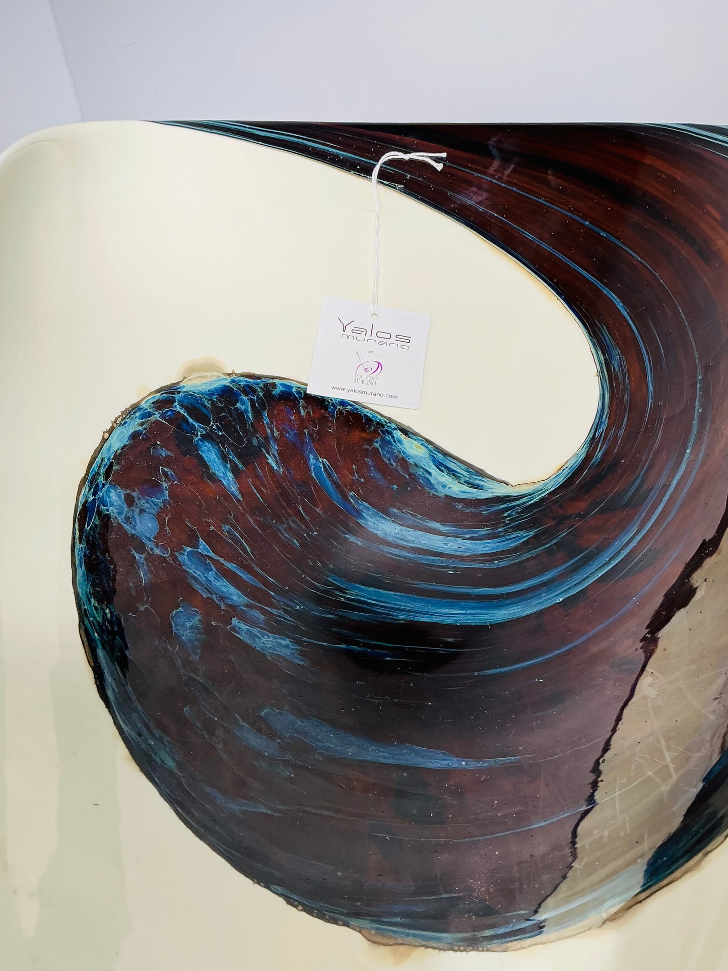 Yalos Murano Art Glass Bowl – 20" Ivory & Teal Sculptural Centerpiece