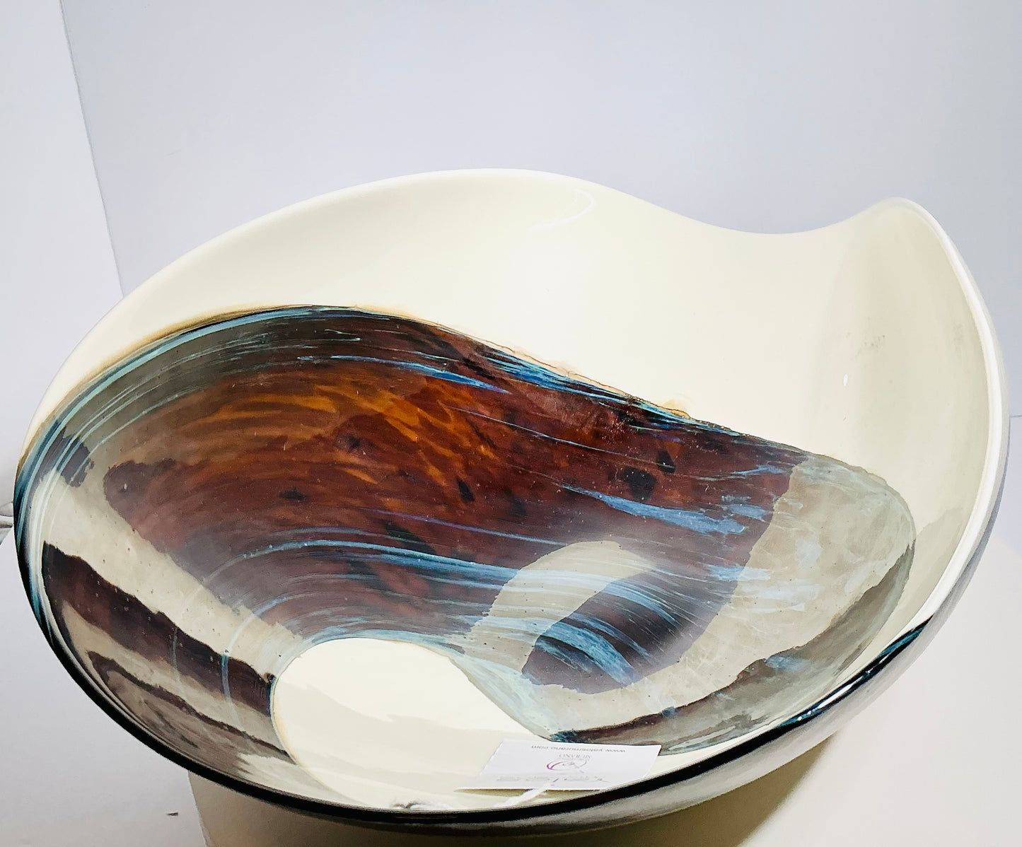 Yalos Murano Art Glass Bowl – 20" Ivory & Teal Sculptural Centerpiece