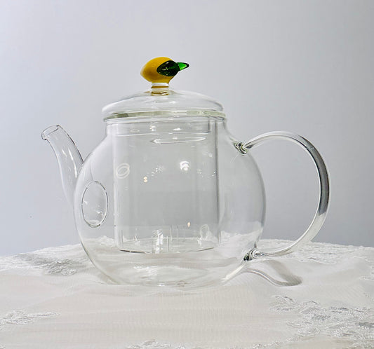Glass Teapot with Decorative Knob Lid & Built-In Infuser – Lemon, Blue Bird, Tulip or Bee