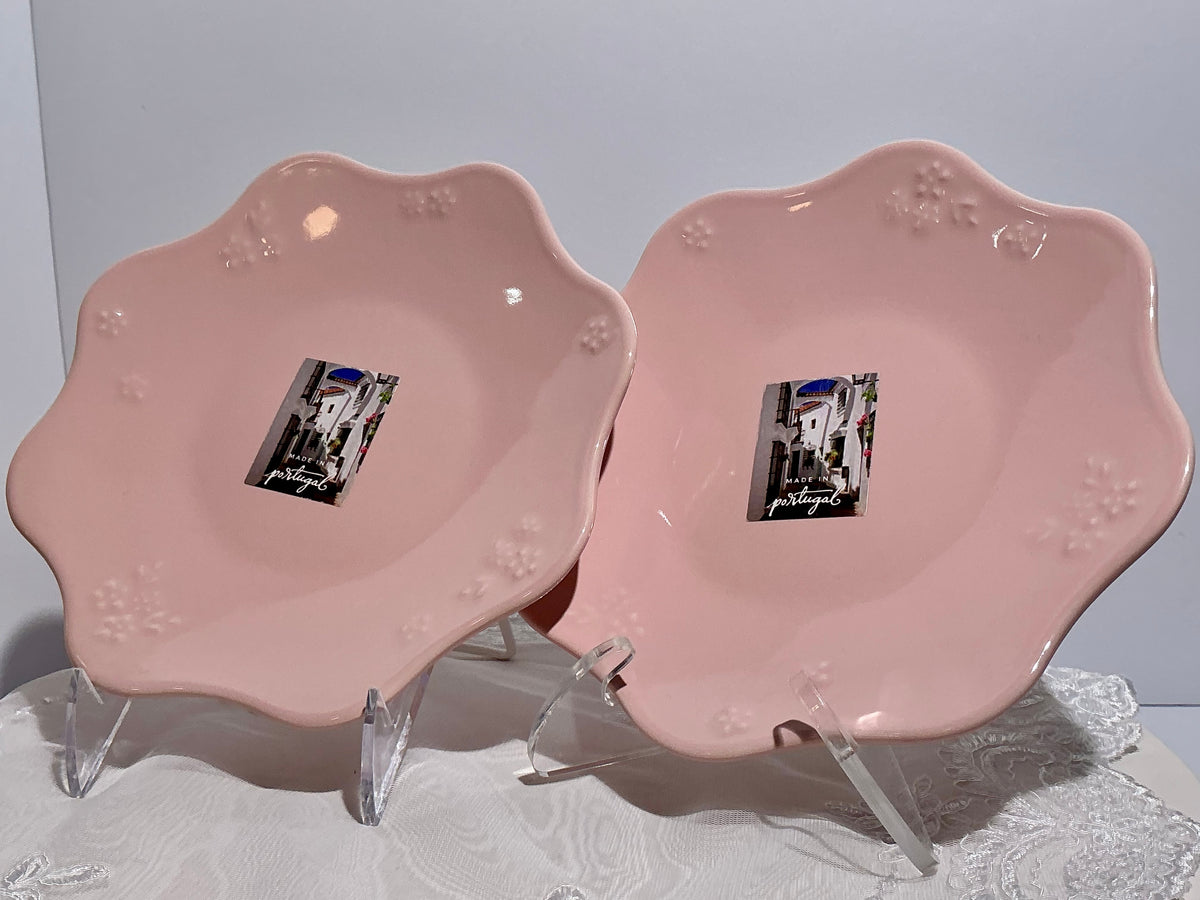 Matceramica Handcrafted Ceramic Set of 2 Vintage Salad Plates 8" Made in Portugal - Yellow / Pink