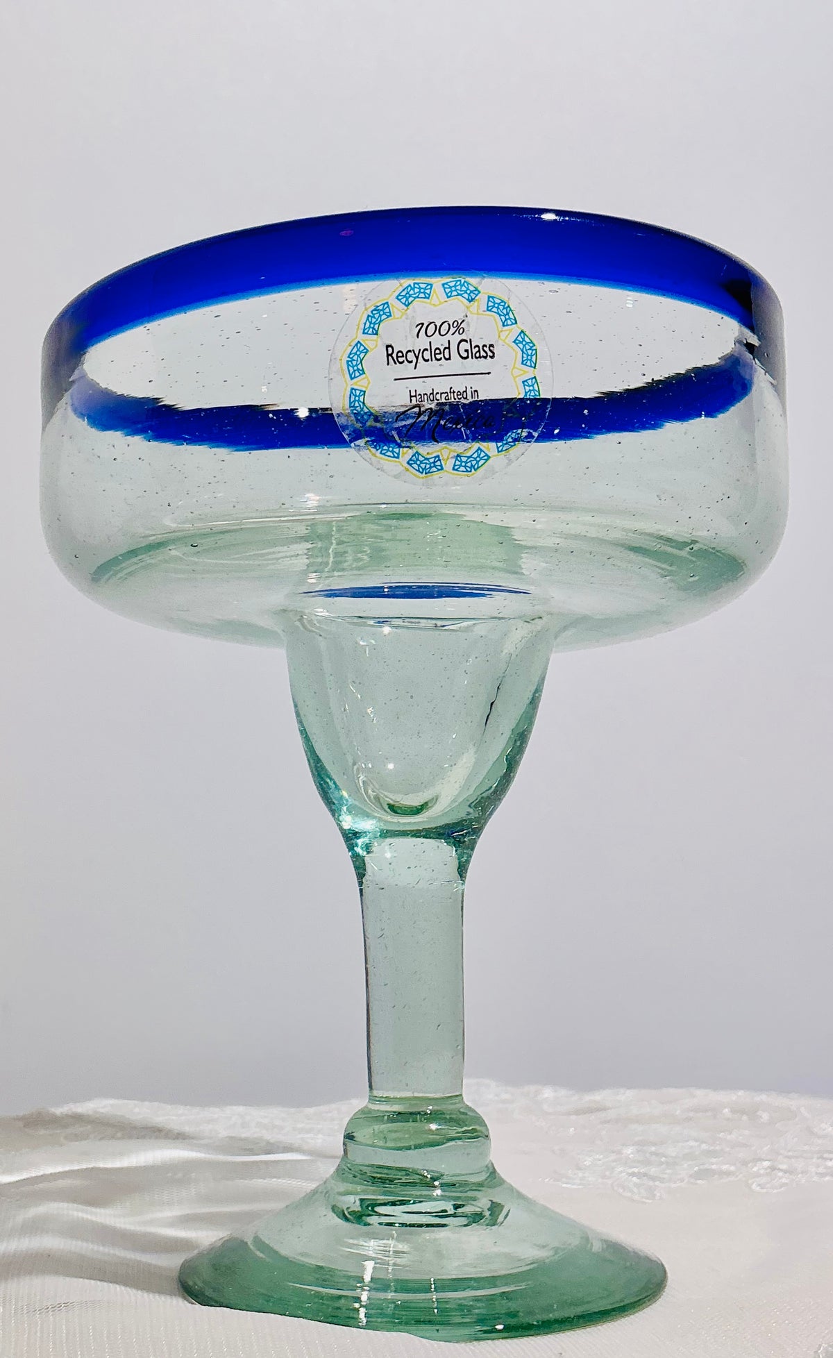 Handcrafted Recycled Glass Margarita Glass with Cobalt Blue Rim - Made in Mexico