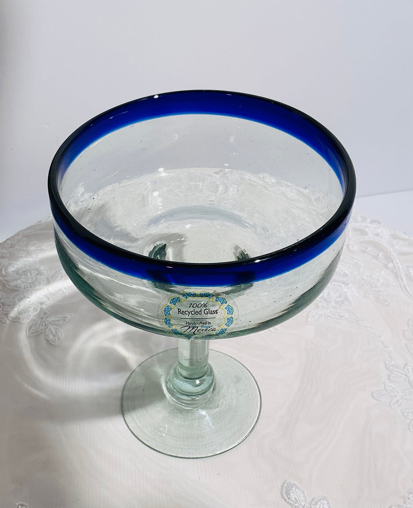 Handcrafted Recycled Glass Margarita Glass with Cobalt Blue Rim - Made in Mexico