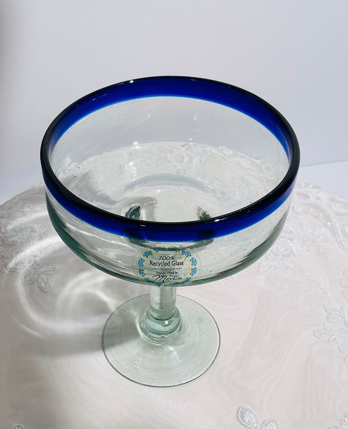 Handcrafted Recycled Glass Margarita Glass with Cobalt Blue Rim - Made in Mexico