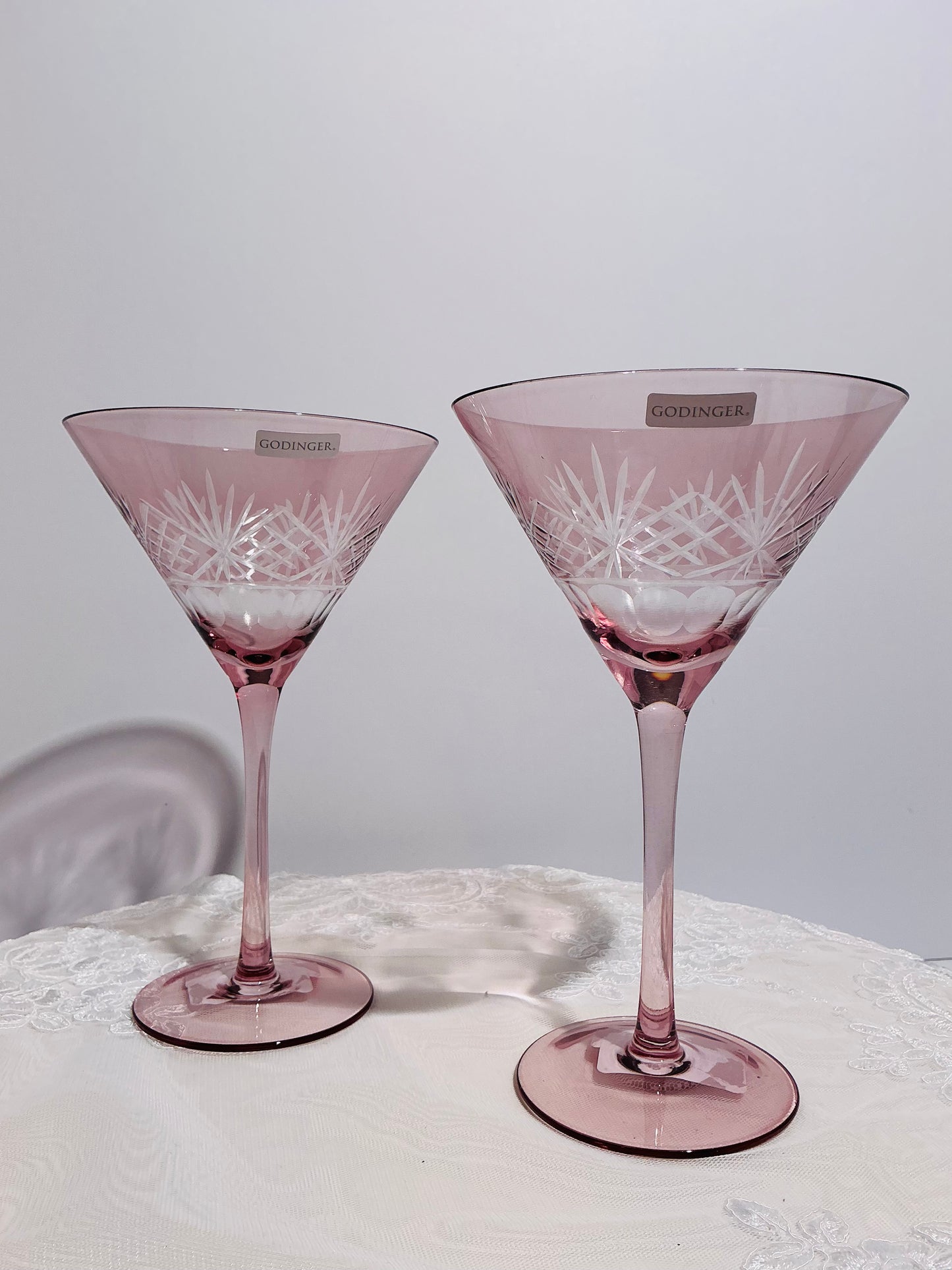 Godinger Pink Cut Crystal Glasses Set of 2  Martini 7.5" OR Champagne Flute 10"