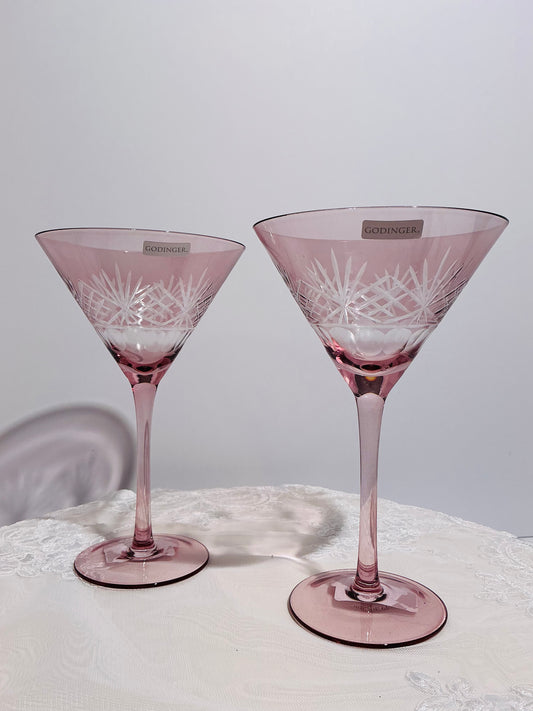 Godinger Pink Cut Crystal Glasses Set of 2  Martini 7.5" OR Champagne Flute 10"