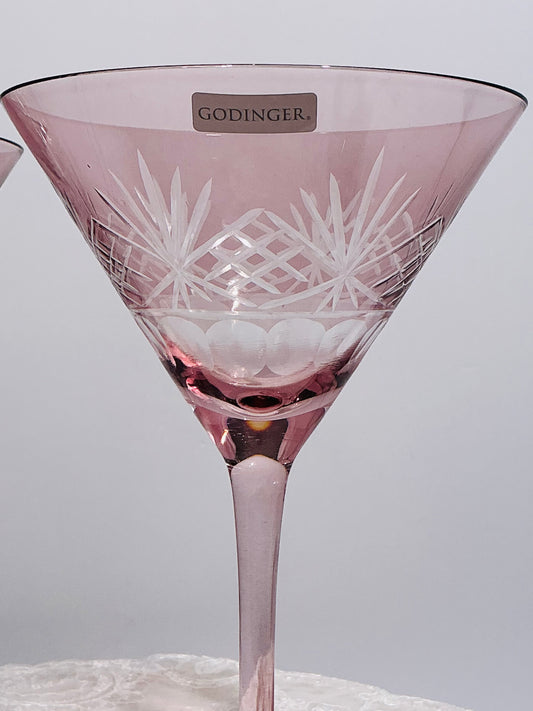 Godinger Pink Cut Crystal Glasses Set of 2  Martini 7.5" OR Champagne Flute 10"