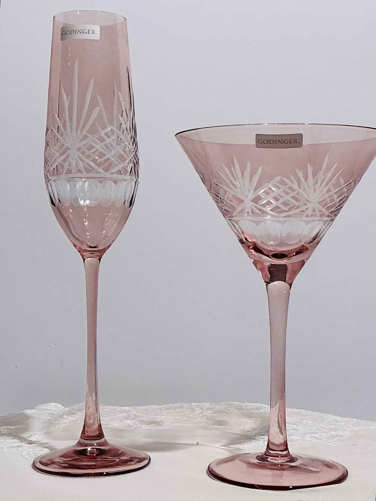 Godinger Pink Cut Crystal Glasses Set of 2  Martini 7.5" OR Champagne Flute 10"
