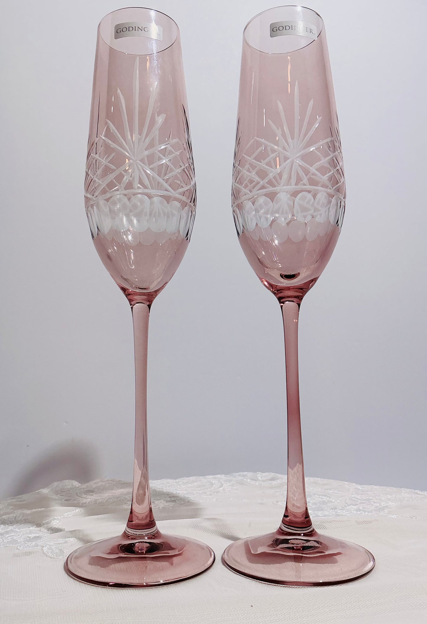 Godinger Pink Cut Crystal Glasses Set of 2  Martini 7.5" OR Champagne Flute 10"