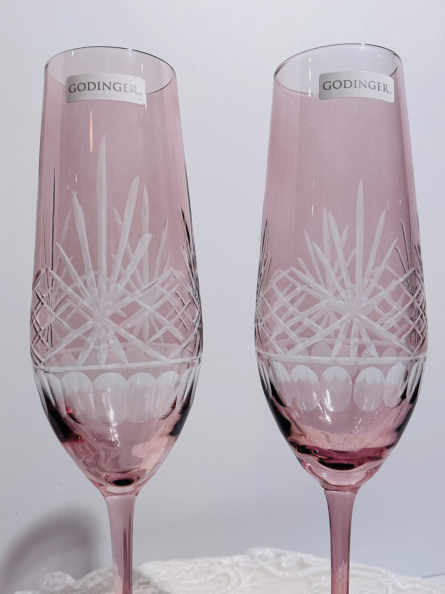 Godinger Pink Cut Crystal Glasses Set of 2  Martini 7.5" OR Champagne Flute 10"