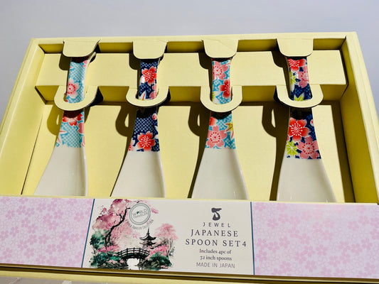 Jewel Japanese Spoon Set of 4 | World Traveler Collection | 7.1" Assorted Floral Designs