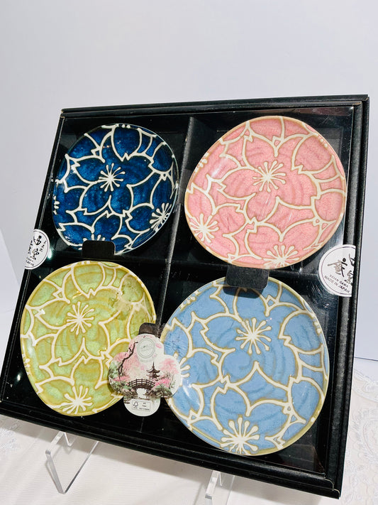 Jewels Sakura Cherry Blossom Ceramic Plates Set of 4 | 4.5" Assorted Colors | Made in Japan